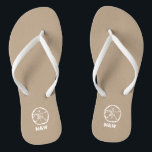 Monogrammed sand dollar beach wedding flip flops<br><div class="desc">Personalised beach wedding flip flops for bride and groom or guests. Elegant party favour set with custom last name or monogram and vintage sand dollar icon. Custom background and strap colour for him and her / men and women. Romantic khaki beige and white his and hers wedge sandals with stylish...</div>