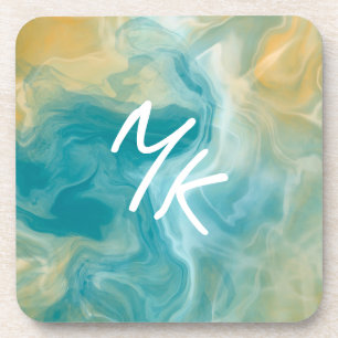 Monogrammed Sandy Brown Ocean Blue Fluid Art Coaster
