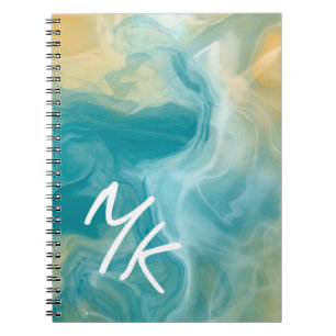 Monogrammed Sandy Brown Ocean Blue Fluid Art Notebook