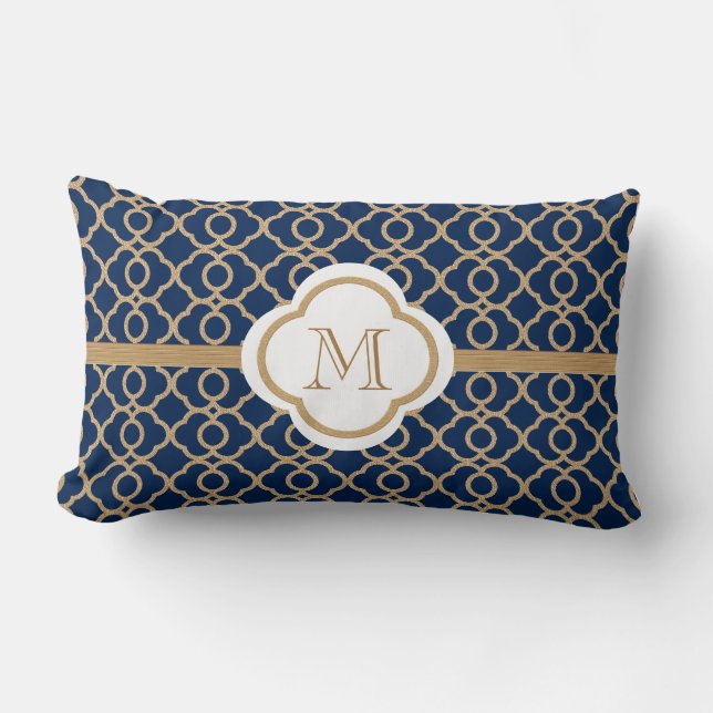 Monogrammed Sapphire Blue and Gold Moroccan Lumbar Cushion (Front)