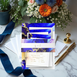Monogrammed Sapphire Blue Orange Wedding Invitation Belly Band