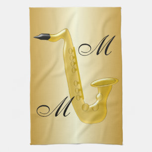 Monogrammed Saxophone Gold Coloured Tea Towel