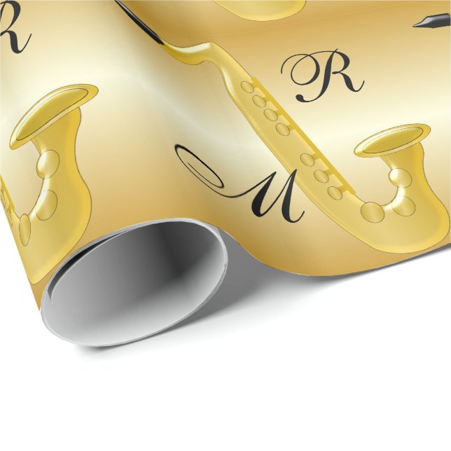 Monogrammed Saxophone Gold Coloured Wrapping Paper (Roll Corner)