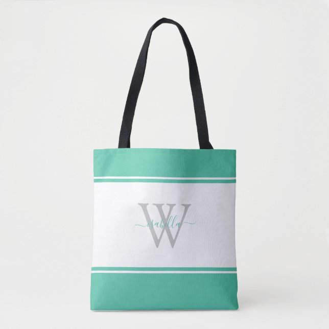 Monogrammed Script Initial Mint Tote Bag (Front)