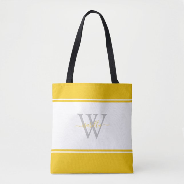 Monogrammed Script Initial Yellow Tote Bag (Front)