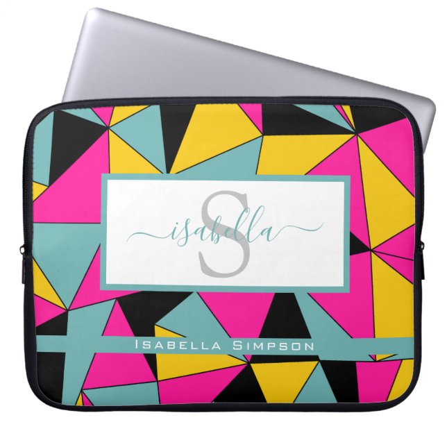 Monogrammed Script Teal Pink Black Yellow Pattern Laptop Sleeve (Front)