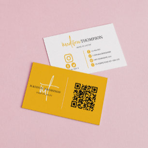 Monogrammed Script Typography Mustard QR Code Business Card