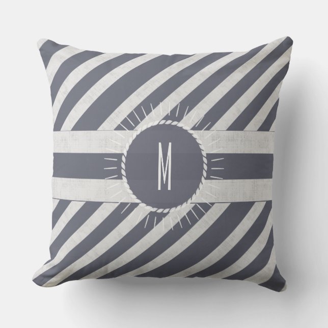 Monogrammed Seas the Day Bold Nautical Navy Stripe Cushion (Front)