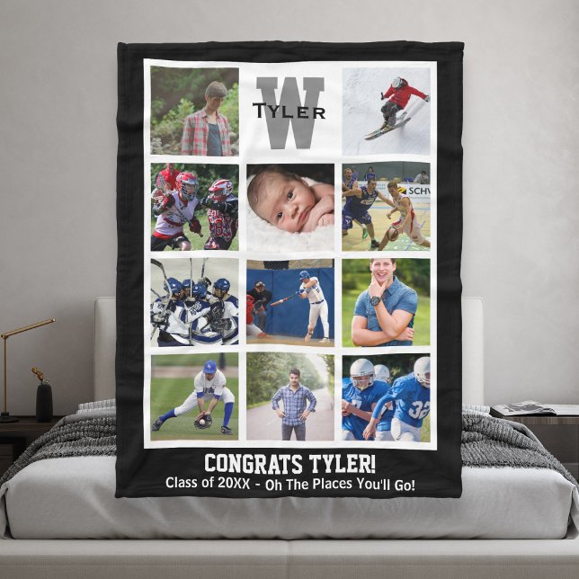 Monogrammed Senior Graduation Multi Photo Collage Fleece Blanket (Creator Uploaded)