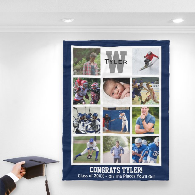 Monogrammed Senior Graduation Multi Photo Collage Fleece Blanket (Creator Uploaded)