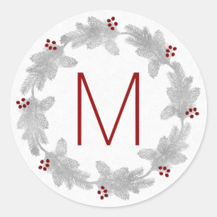 Monogrammed Silver and Red Pine Holiday Wreath Classic Round Sticker