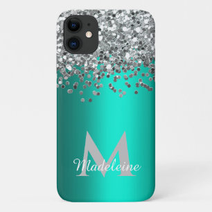 Monogrammed Silver Glitter and Teal iPhone 11 Case