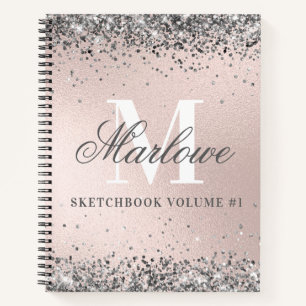 Monogrammed Silver Glitter Blush Pink Sketchbook Notebook