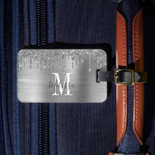Monogrammed Silver Glitter Drip Brushed Metal Luggage Tag