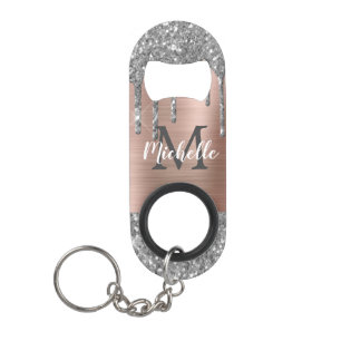 Monogrammed Silver Glitter Drips Rose Gold Metal