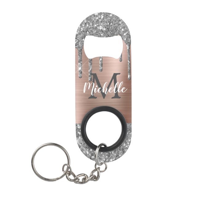 Monogrammed Silver Glitter Drips Rose Gold Metal (Front)