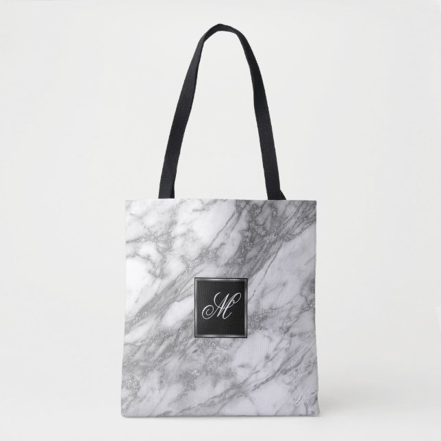 Monogrammed Silver Grey Glitter Design Tote Bag (Front)