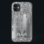 Monogrammed Silver Grey Glitter Drips Gold Metal iPhone 11 Case<br><div class="desc">Modern,  girly silver grey glitter drips name and monogrammed iphone case. This design features silver grey glitter sparkle drips on grey brushed metal background with custom personalised monogram initial and first name text template. Perfect feminine gift. If you need help or matching items,  please contact to me.</div>