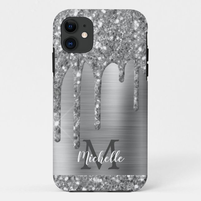 Monogrammed Silver Grey Glitter Drips Gold Metal Case-Mate iPhone Case (Back)