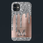 Monogrammed Silver Grey Glitter Drips Pink Metal iPhone 11 Case<br><div class="desc">Modern,  girly silver grey glitter drips name and monogrammed iphone case. This design features silver grey (grey) glitter sparkle drips on pink brushed metal background with custom personalised monogram initial and first name text template. Perfect feminine gift. If you need help or matching items,  please contact to me.</div>