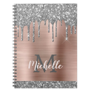 Monogrammed Silver Grey Glitter Drips Pink Metal Notebook