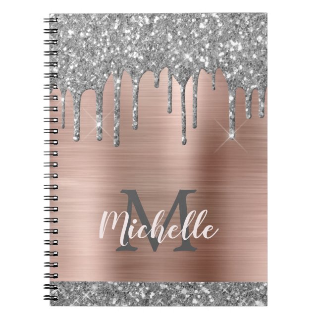 Monogrammed Silver Grey Glitter Drips Pink Metal Notebook (Front)