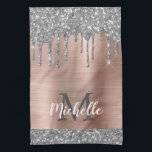 Monogrammed Silver Grey Glitter Drips Pink Metal Tea Towel<br><div class="desc">Modern, girly silver glitter drips name and monogrammed kitchen towel. This design features silver grey (grey) glitter sparkle drips on pink brushed metal background with custom personalised monogram initial and first name text template. Perfect feminine gift. Please note, this design is printed photo effect. If you need help or matching...</div>