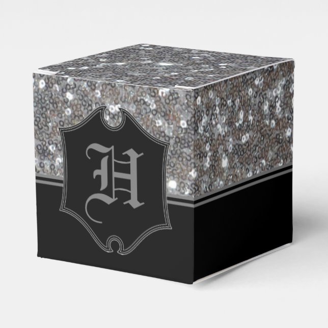 Monogrammed Silver Sparkle Faux Glitter Cube Favour Box (Front Side)