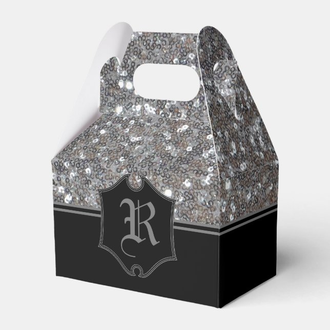 Monogrammed Silver Sparkle Faux Glitter Gable Favour Box (Front Side)