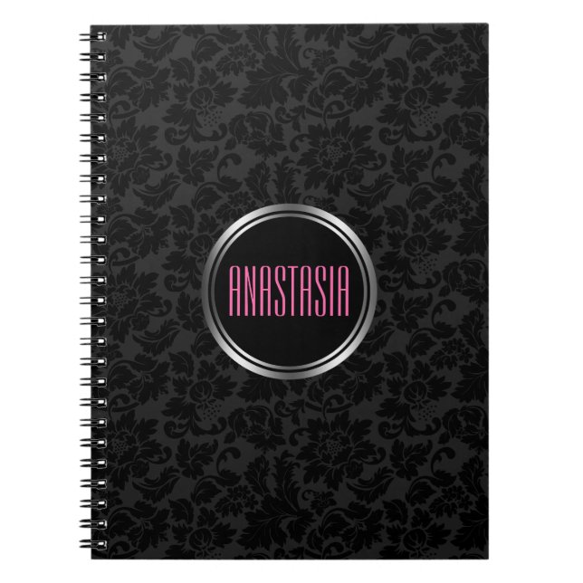 Monogrammed Simple Black Damask Notebook (Front)