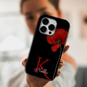 Monogrammed Single Red Poppy on Black iPhone 13 Case