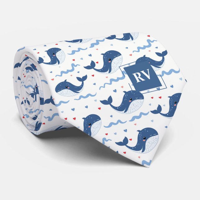 Monogrammed Smiling Whales & Waves Tie (Rolled)