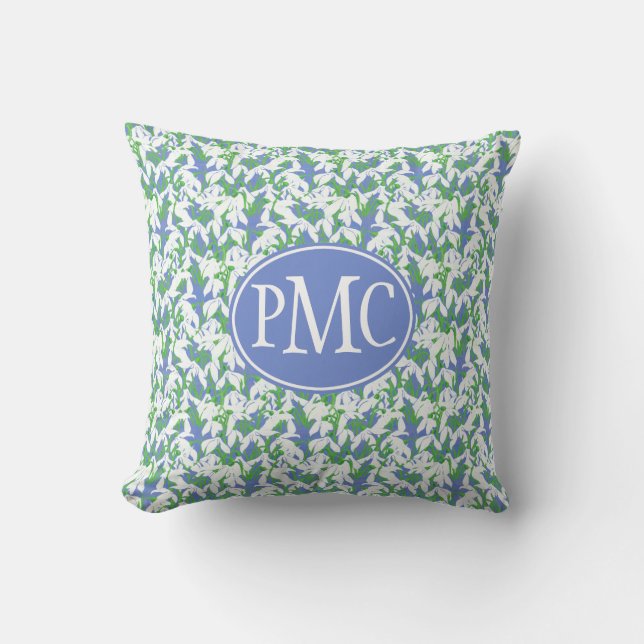 Monogrammed Snowdrops Pattern on Blue Cushion (Front)