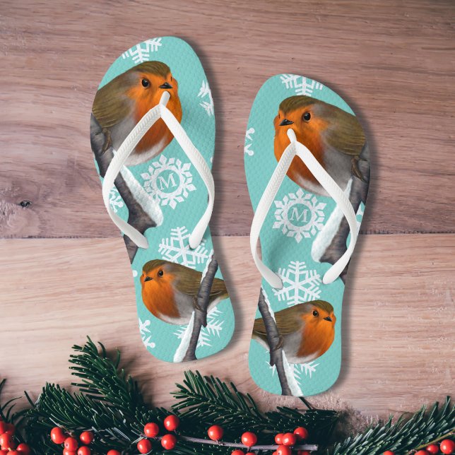 Monogrammed Snowflake Robin Bird Christmas in July Thongs (Perfect for Christmas in July (and the one in December))