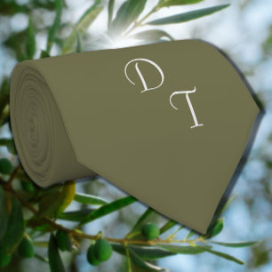 Monogrammed solid colour olive green neck tie