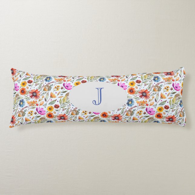 Monogrammed Spring Wildflower & Adorable Hedgehogs Body Cushion (Front)
