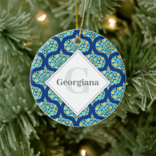 Monogrammed Starry Night On Sea Doodle Ogee Ceramic Ornament