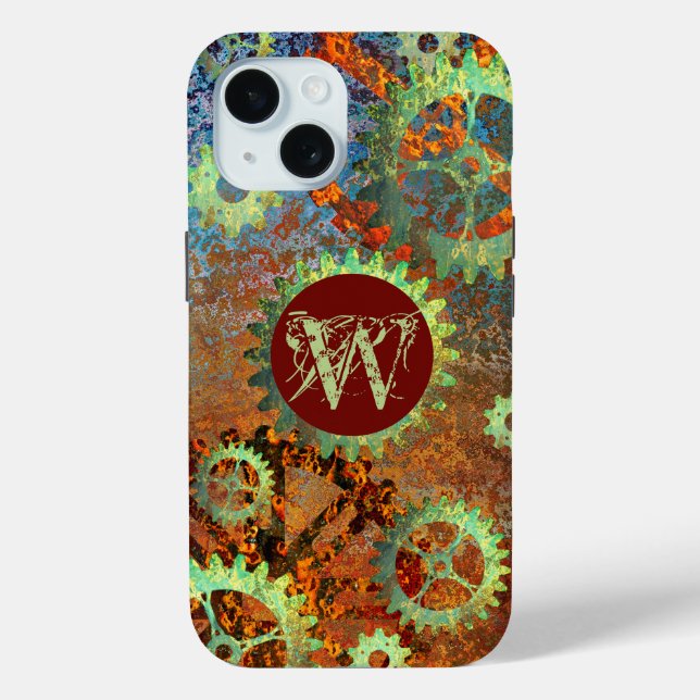 Monogrammed Steampunk Industrial Rusty Cogwheel Case-Mate iPhone Case (Back)
