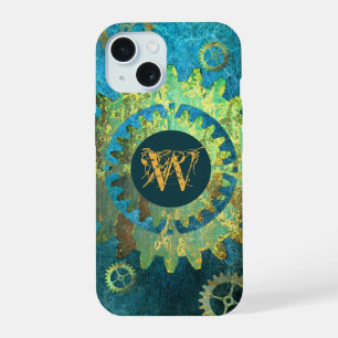 Monogrammed Steampunk Verdigris Rusty Cogwheel iPhone 15 Case