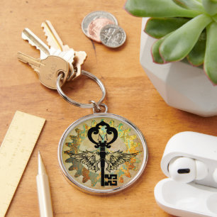 Monogrammed Steampunk Winged Key Rusty Cogwheel Ring