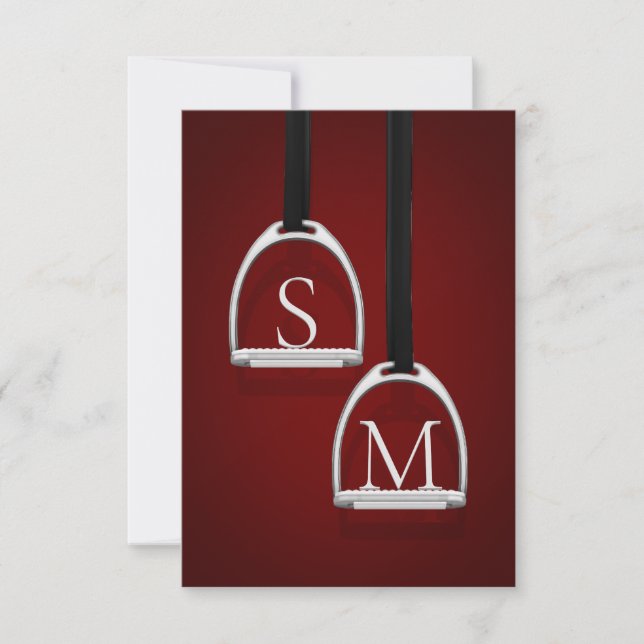 Monogrammed Stirrup Irons Dark Red Equestrian Thank You Card (Front)