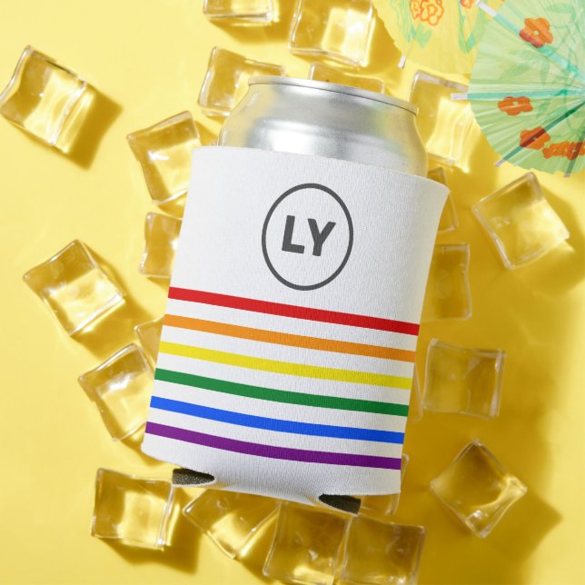 Monogrammed Striped Pride Rainbow Flag White Can Cooler (In Situ Summer)