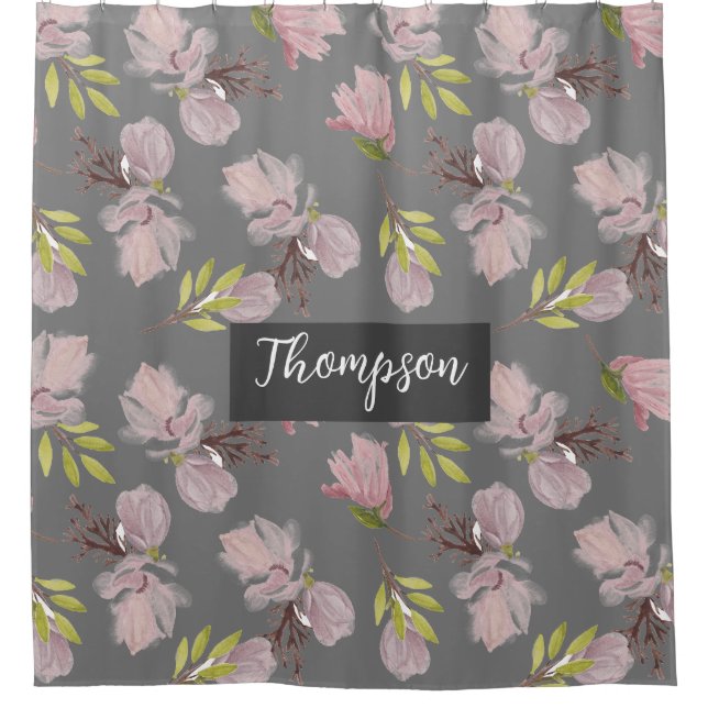 Monogrammed stylish dark grey cute floral pattern shower curtain (Front)