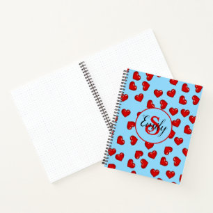 monogrammed stylish Red heart pattern on aqua blue Notebook