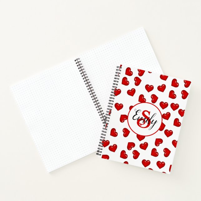 monogrammed stylish Red heart pattern on white Notebook (Inside)