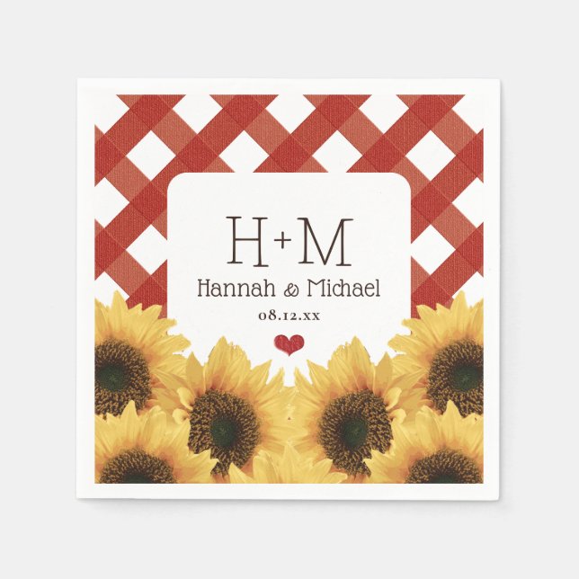 Monogrammed Sunflower and Red Gingham Wedding Napkin (Front)