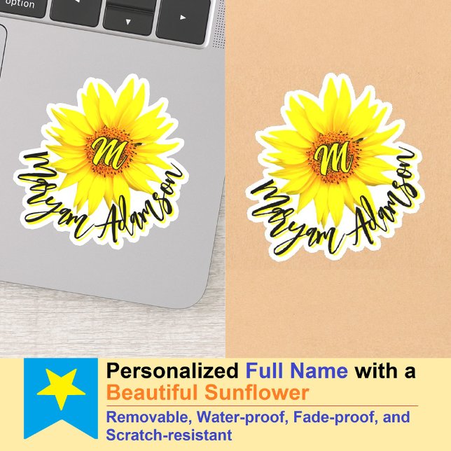 Monogrammed Sunflower Girl Tag - Handwritten Name (waterproof monogram Sunflower Handwritten Name Sticker)