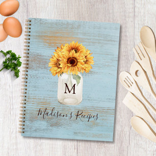 Monogrammed Sunflower Mason Jar Blue Wood Recipe Notebook