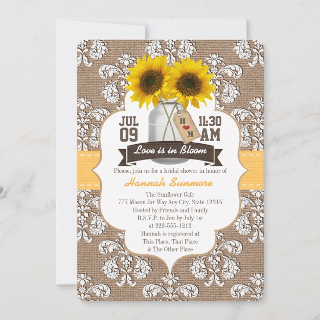 Monogrammed Sunflower Mason Jar Bridal Shower Invitation (Front)