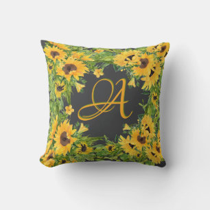 Monogrammed Sunflowers Grey Yellow Rustic Decor Cushion